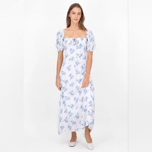 Floral Blue Maxi Short Puff Sleeve Dress Square Neck Bust Tie Smocked Wedding